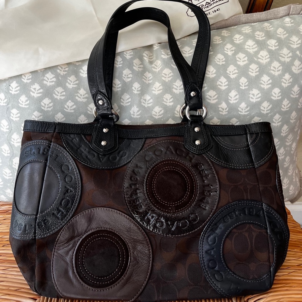 Coach Circle Patchwork East West Tote Handbag- Dark Brown 11” x 9” x 4” (Approx)